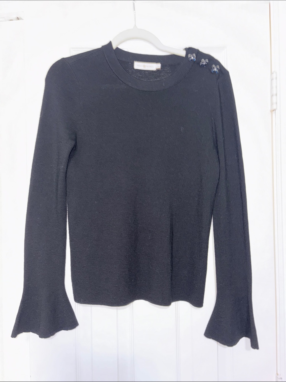 Tory Burch Black Bell-Sleeve Knit Top with Shoulder Buttons. Size Medium
